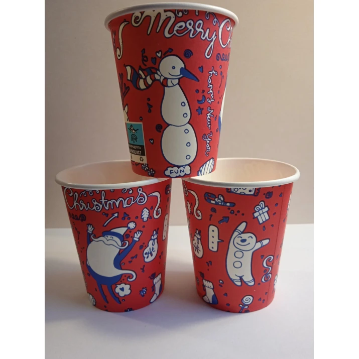 чаши 7 OZ  картон КОЛЕДНИ-червени, 50бр/пак, 30пак/кашон