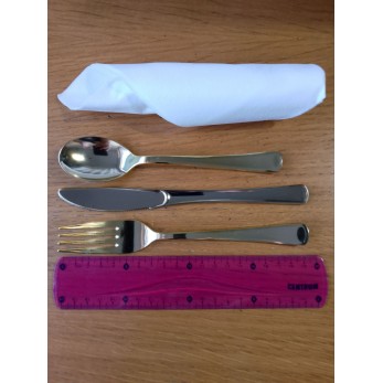 Сет от ЗЛАТНА вилица,лъжица, нож и салфетка, 12бройки в кутия Сет от ЗЛАТНА вилица,лъжица, нож и салфетка, 12бройки в кутия