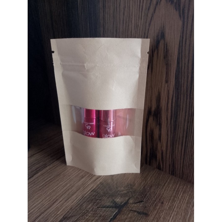 Хартиен плик кафяв с Цип  Прозорец кафяв 9х14+3см